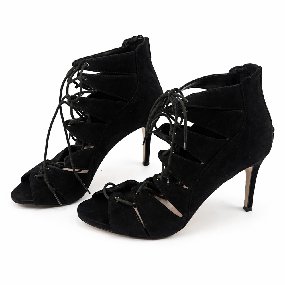 Faith Black Lace Up Peep Toe Heels Strappy Stiletto Women’s Size 6 EU 39